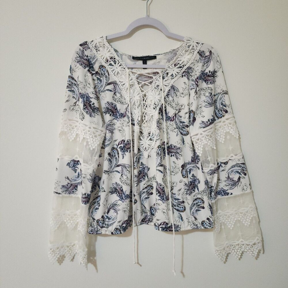 WHBM Womens Boho Blouse White Blue Purple Paisley Lace Up Neck Crochet Size L - Picture 2 of 9